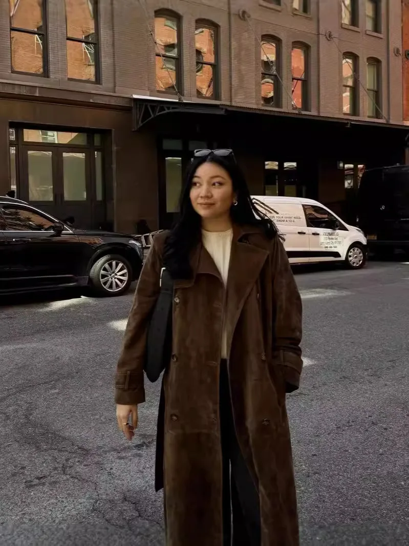 Suede Textured Fabric Long Trench Coat With Lace-Up Belt, Women's Velvet Dark Brown Loose Casual Autumn/Winter Double-Breasted C view 4