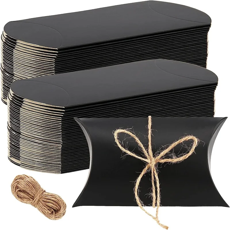 50Pcs Kraft Paper Pillow Boxes Black Paper Candy Favor Boxes with Hemp rope for Wedding Birthday Party