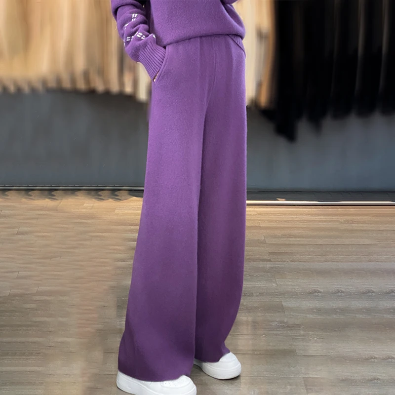 Woman's Sets Winter Thick Woman' Sweaters Long Sleeve Turtleneck Female Pullover+Woman's Pant Wide Leg Pants Full Length Trouser