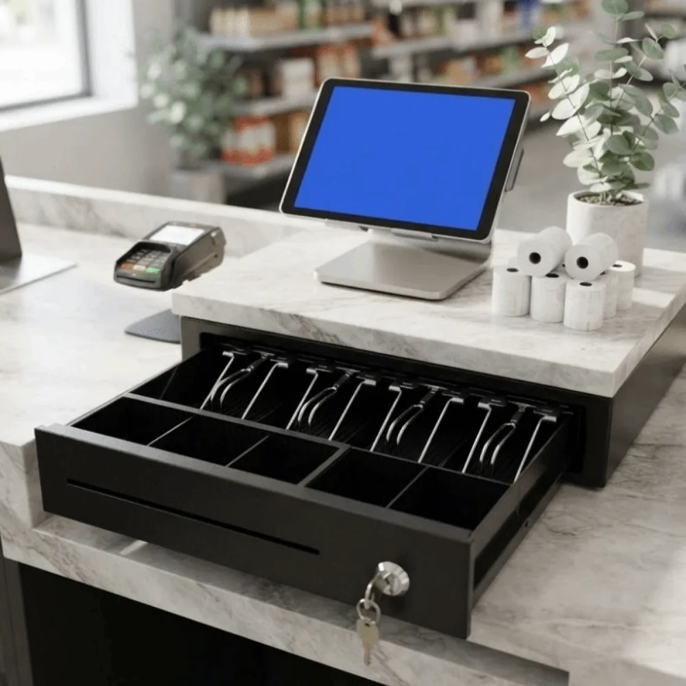 Practical Metal Supermarket Cash Box Wiring RJ11 4 Bill 5 Coin Cash Drawer Box Removable with Key Cash Register Drawer Shops