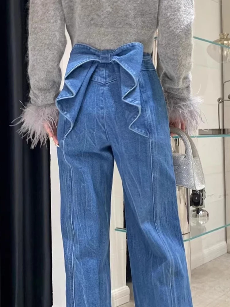 

Новые корейские шикарные женские джинсы в стиле ретро и уникальные джинсовые брюки с высокой талией и трехмерным бантом сзади