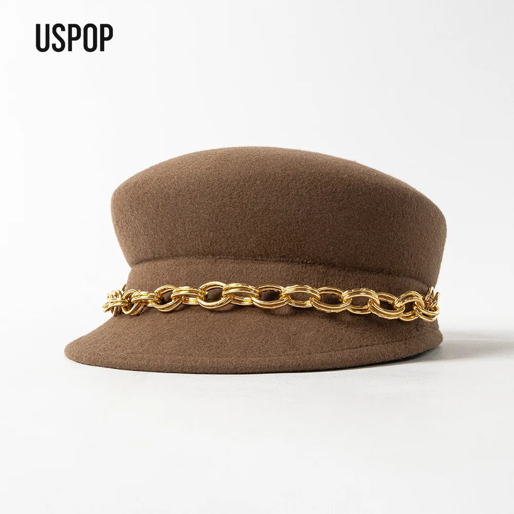 

USPOP Autumn Winter Women’s Wool Newsboy Cap Casual Fashion Flat Cap with Chain Decoration, Warm Felt Hat