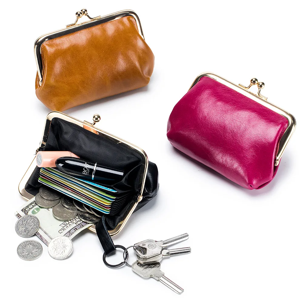 

Genuine Leather Wallet Women's Multi-card Slot Card Holder Women Oil Wax Leather Brand Metal Frame Mini Coin Purse with Key Ring