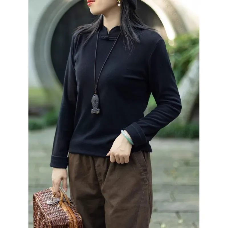 Soft Warm Sanding Velvet Warm Basic Shirt for Women Winter Fashion Solid Color Long Sleeve Slim Casual Stand Collar Vintage Tops