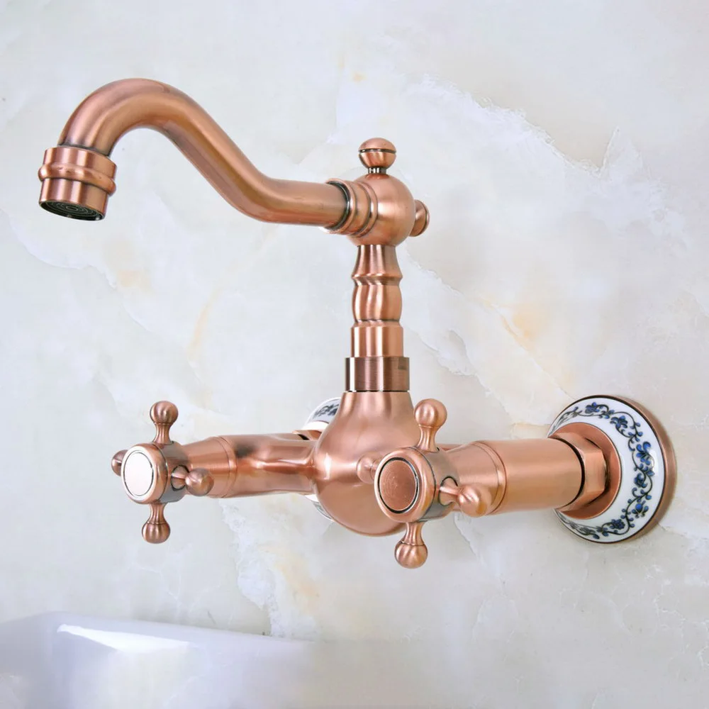 Antique Red Copper Brass Bathroom Kitchen Sink Basin Faucet Mixer Tap Swivel Spout Wall Mounted Dual Handles mnf941