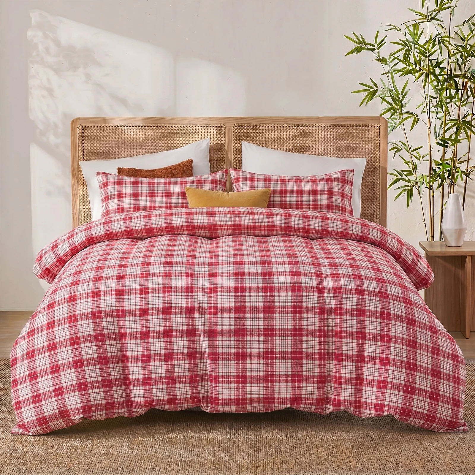 100% Cotton Plaid Duvet Cover Set, 100% Washed Cotton Bedding, King Size 3 Piece Soft Breathable Comforter Cover Set with Hidden Zipper and 8 Corner Ties, Dusty Red