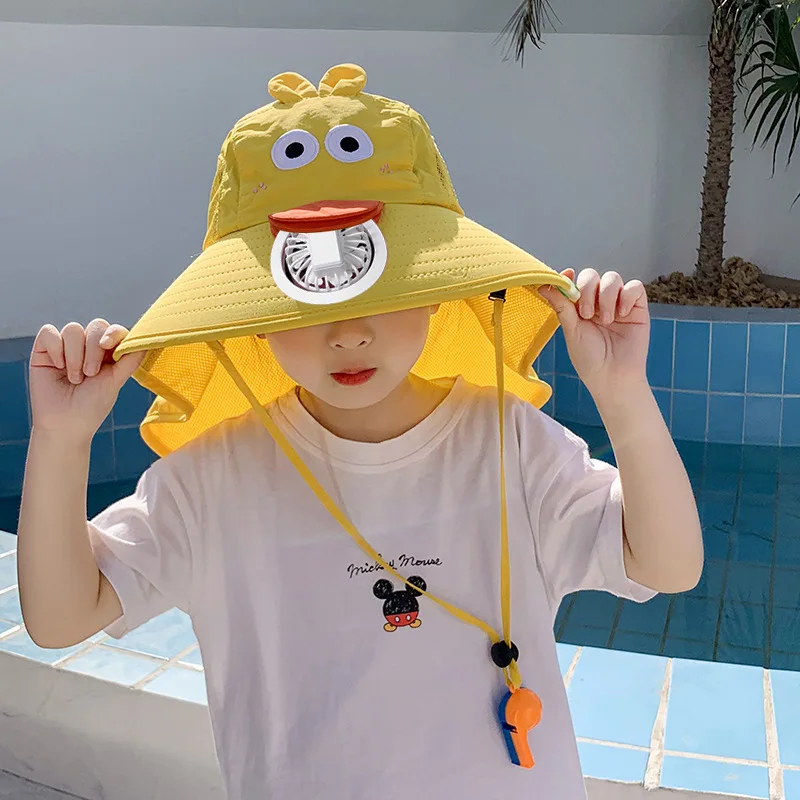 Kids Summer Sun Hat with Built‑in Fan Outdoor Travel Wide Brim Shoulder Protection UV Protection Sun Cap for Boys Girls