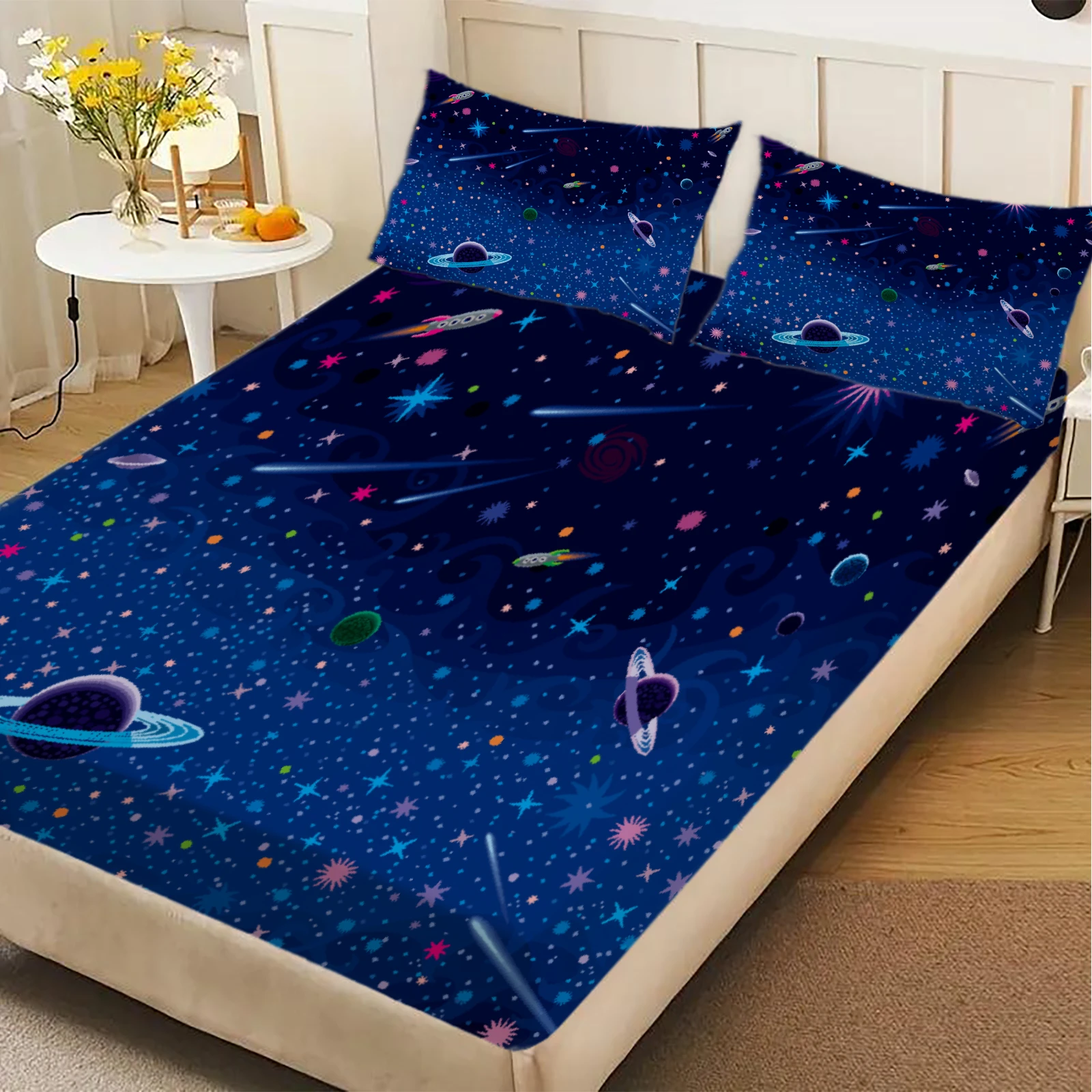 3pcs Fitted Sheet Set Cartoon Style Space Planets Stars Galaxies Cosmos Illustration Printed Bed Sheet With 2 Pillowcases