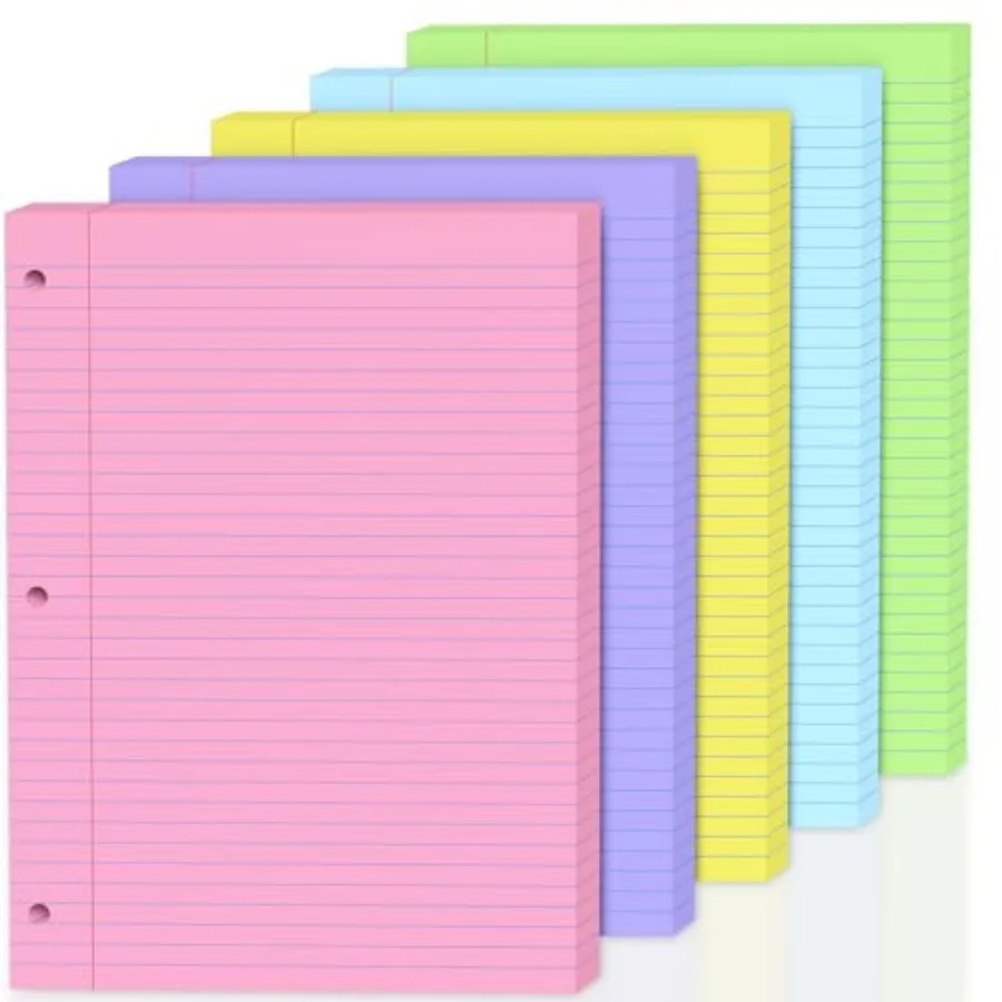 

100 Sheets Loose Leaf Paper 8 x 10.5, 5 Colors Lined Paper College Ruled, 3-Hole Punched Notebook Paper