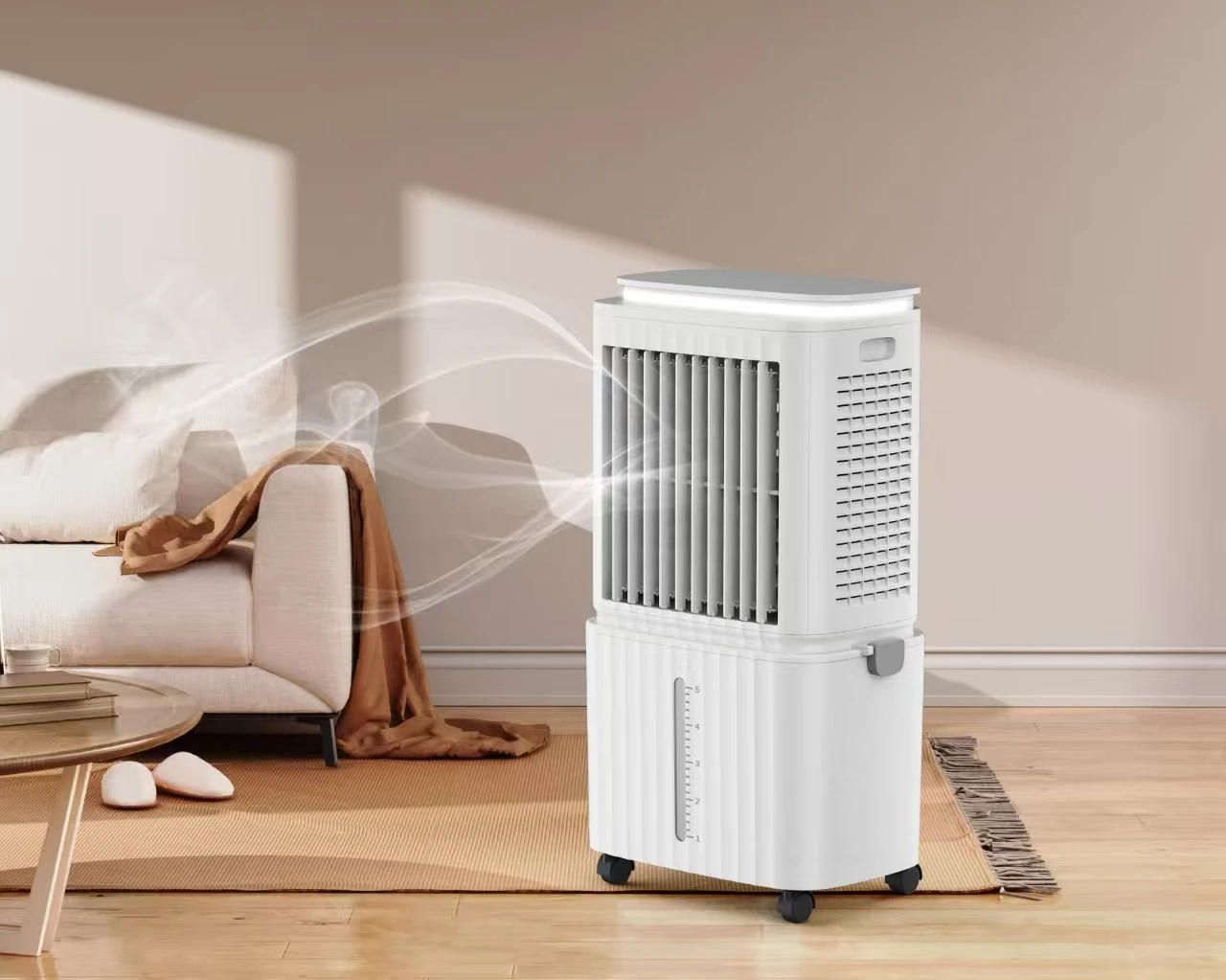 High Quality 30L Evaporative Air Cooler Plastic Tower Detachable Water Tank Ambient Lighting Strip Indoor Outdoor Garage AC DC