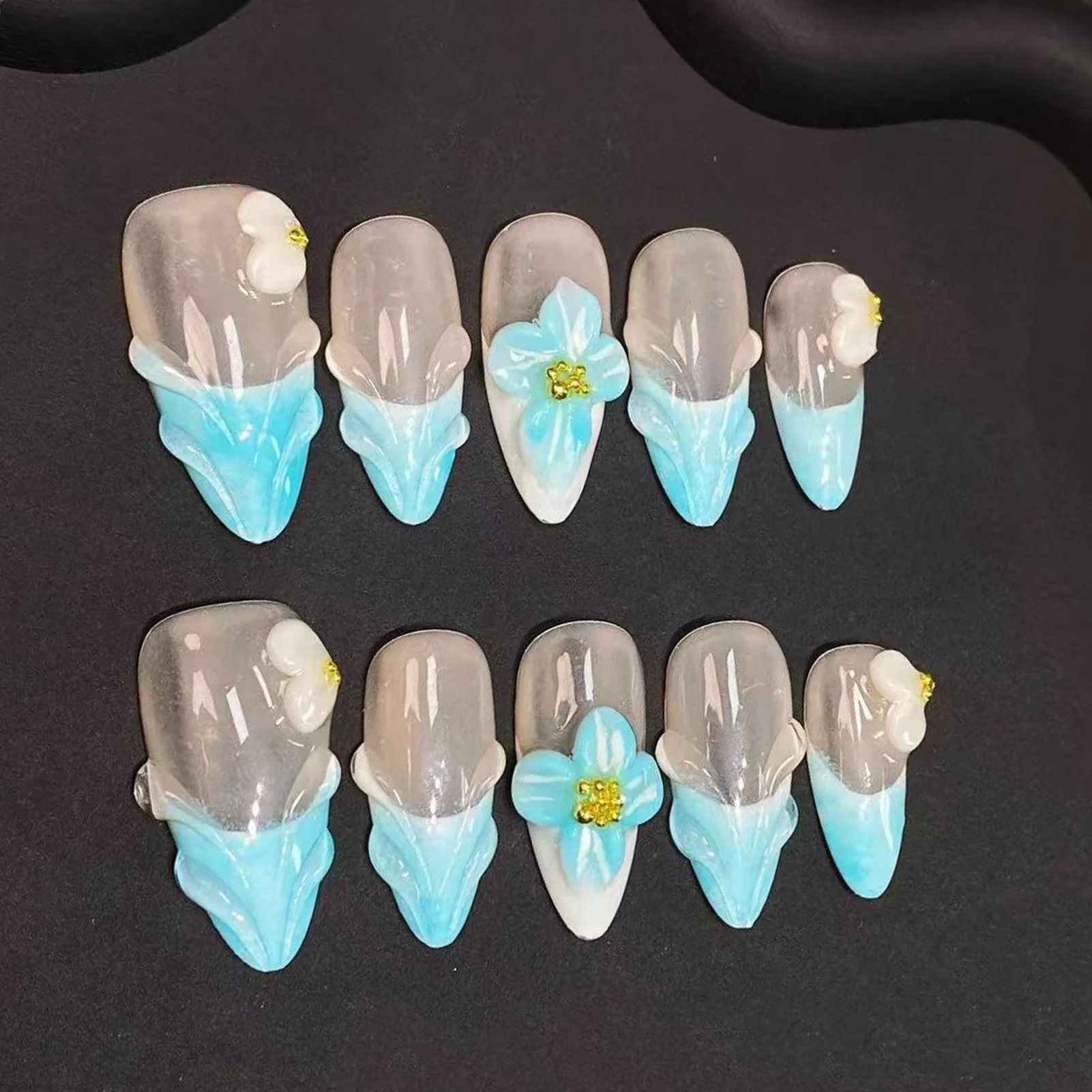 10pcs False Nails for Women Handmade 3D Carved Artificial Tips Manicure Daily Wear Nails Tips Art Wearable Press On Nails