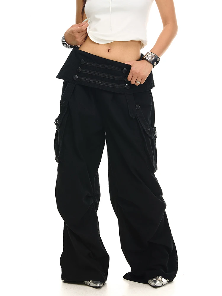 REDDACHiC Napoleon Cargo Pants for Women Grunge Black Cleanfit High Waist Fold Over Buttons Wide Leg Pants Vintage Streetwear