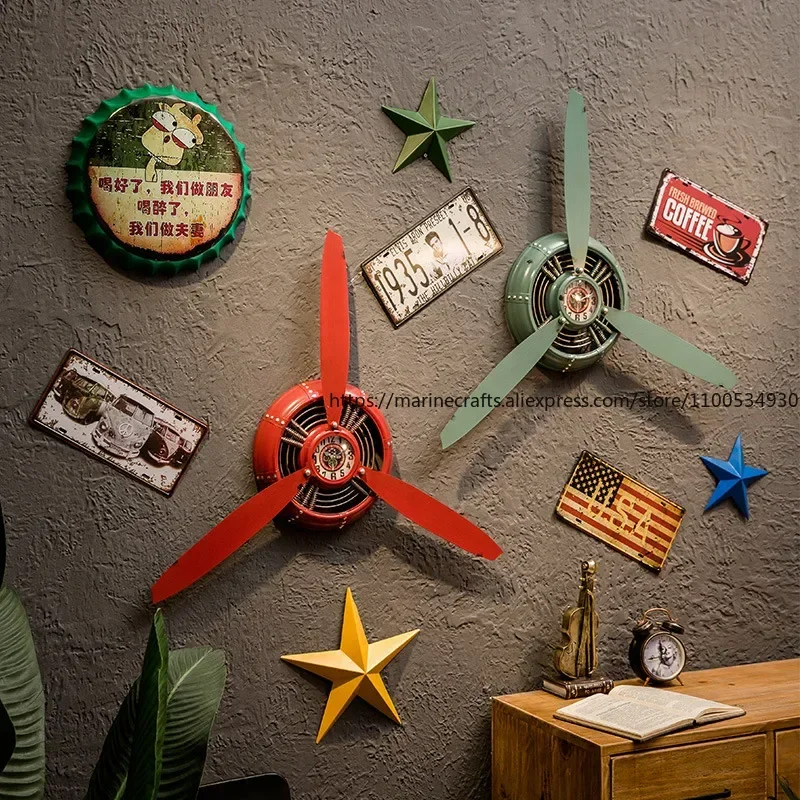 

American Retro Creative Wall Hanging Industrial Wind Propeller Aircraft Head Clock Bar Home Wall Decoration