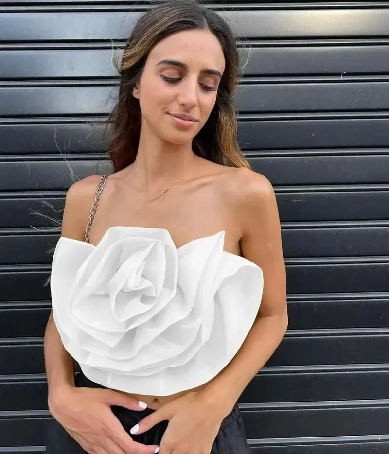 KEXU Applique Flower Halter Neck Crop Tops 2024 Streetwear Vintage Women Rose Floral White Red Summer Croped Camis Top