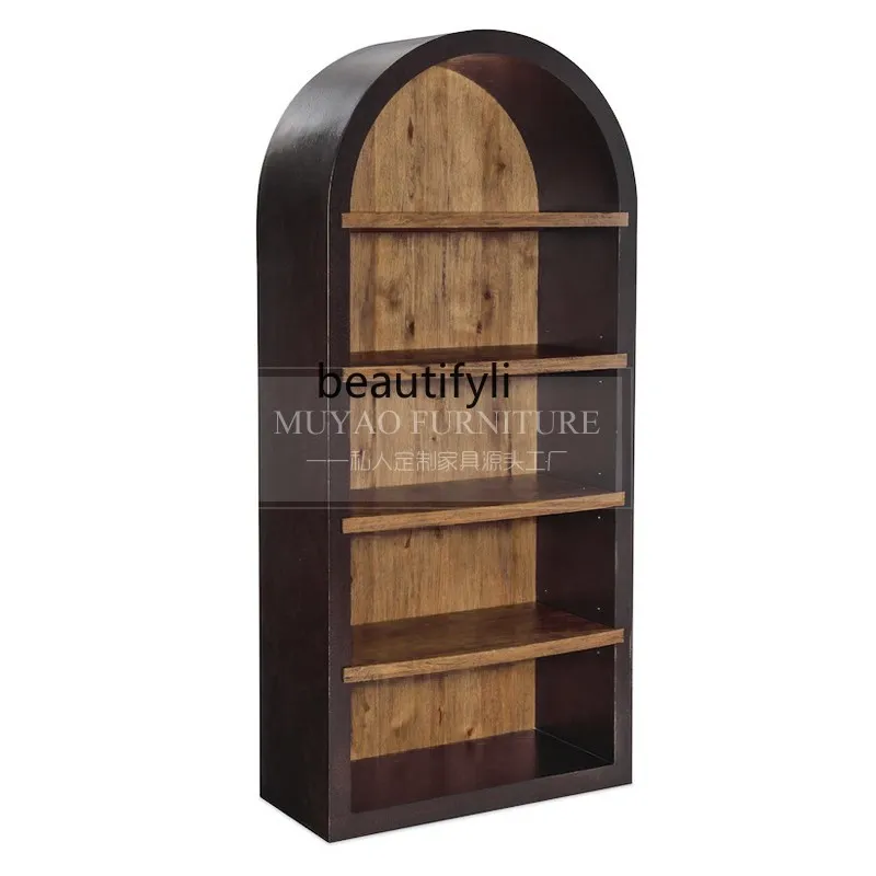 

Retro solid wood round bookcase American white arched bookshelf display case study locker