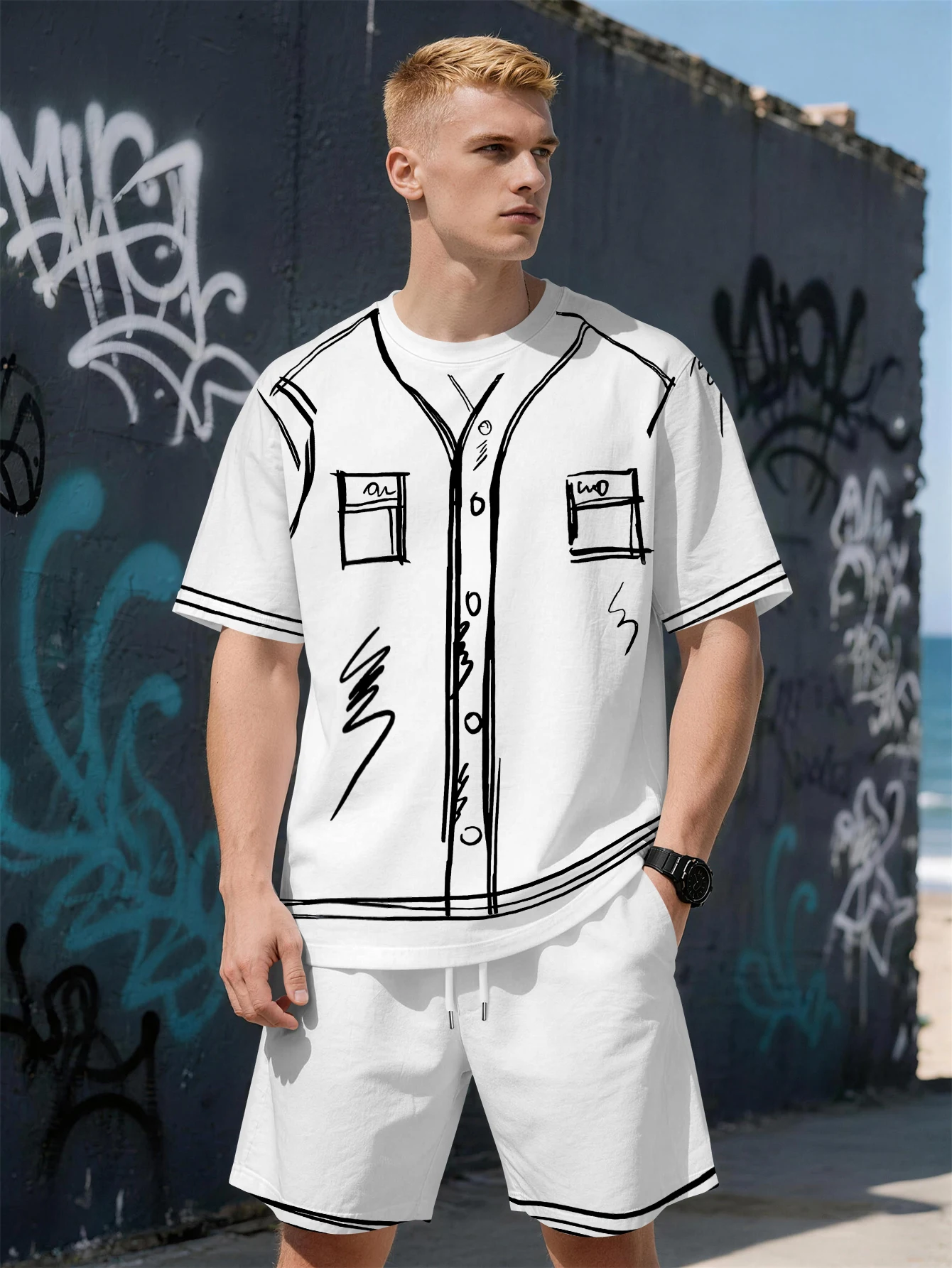 

2026 Summer New Men's Short-Sleeved Set with 3D Simple Pattern Printing Fashionable Street Style Comfortable and Soft