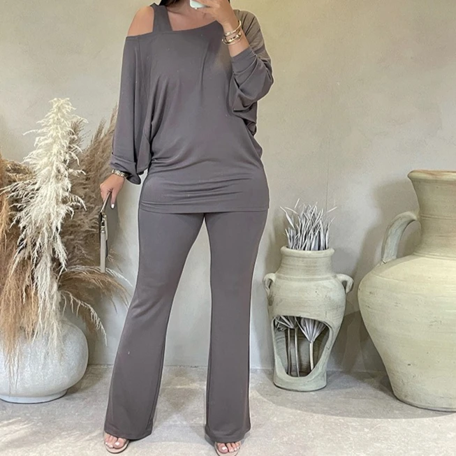 

2025 Women's One Shoulder Top with Wide Leg Pants Tracksuit Set Bodycon Athletic Leisure Wear