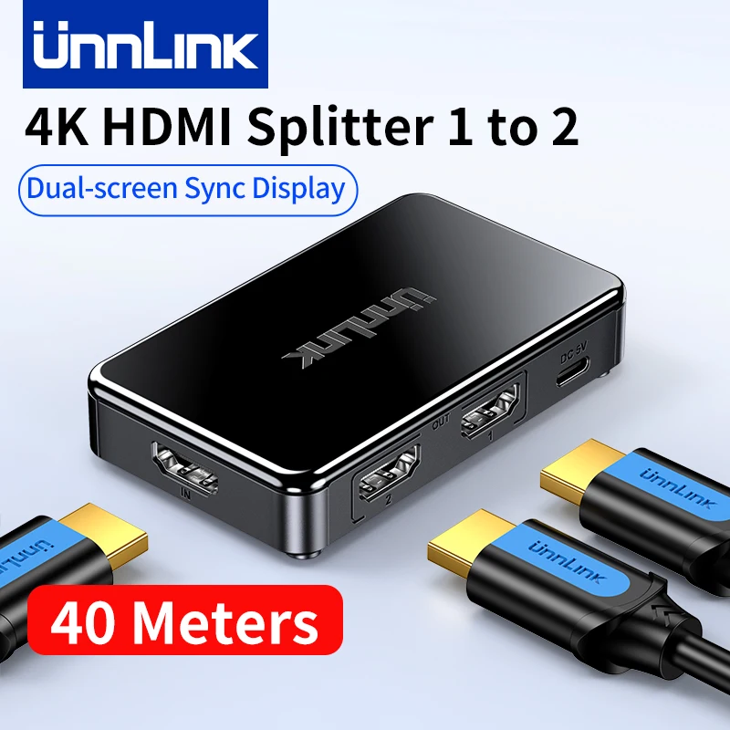Unnlink 4K HDMI Splitter 1X2 UHD 4K 30Hz FHD1080P 60Hz 1 In 2 Out for Smart TV MI Box to TV Projector Monitor