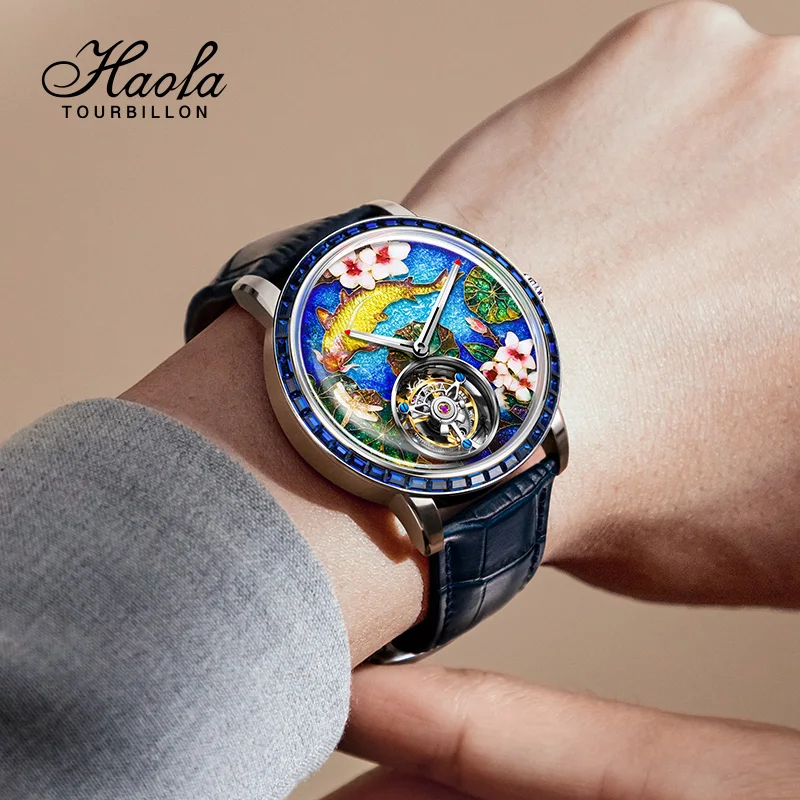 Hoafa Flying Tourbillon Mechanical Mens Watch Intangible Heritage Enamel Oriental Colored Zircon Bezel Designer Luxury Watch2261