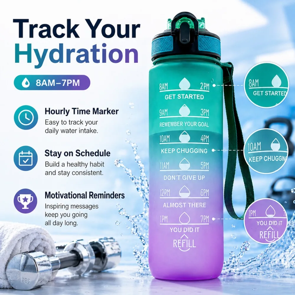 1000ml Plastic Water Bottle with Time Marker, Leakproof Portable Gradient Sports Bottle for Women Men, Gym Yoga Hiking Office
