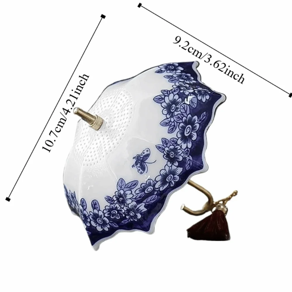 Ceramic Umbrella Tea Strainer Chinese Style Traditional Tea Infuser with Tassel Blue White Porcelain Pattern Tabletop Decoration