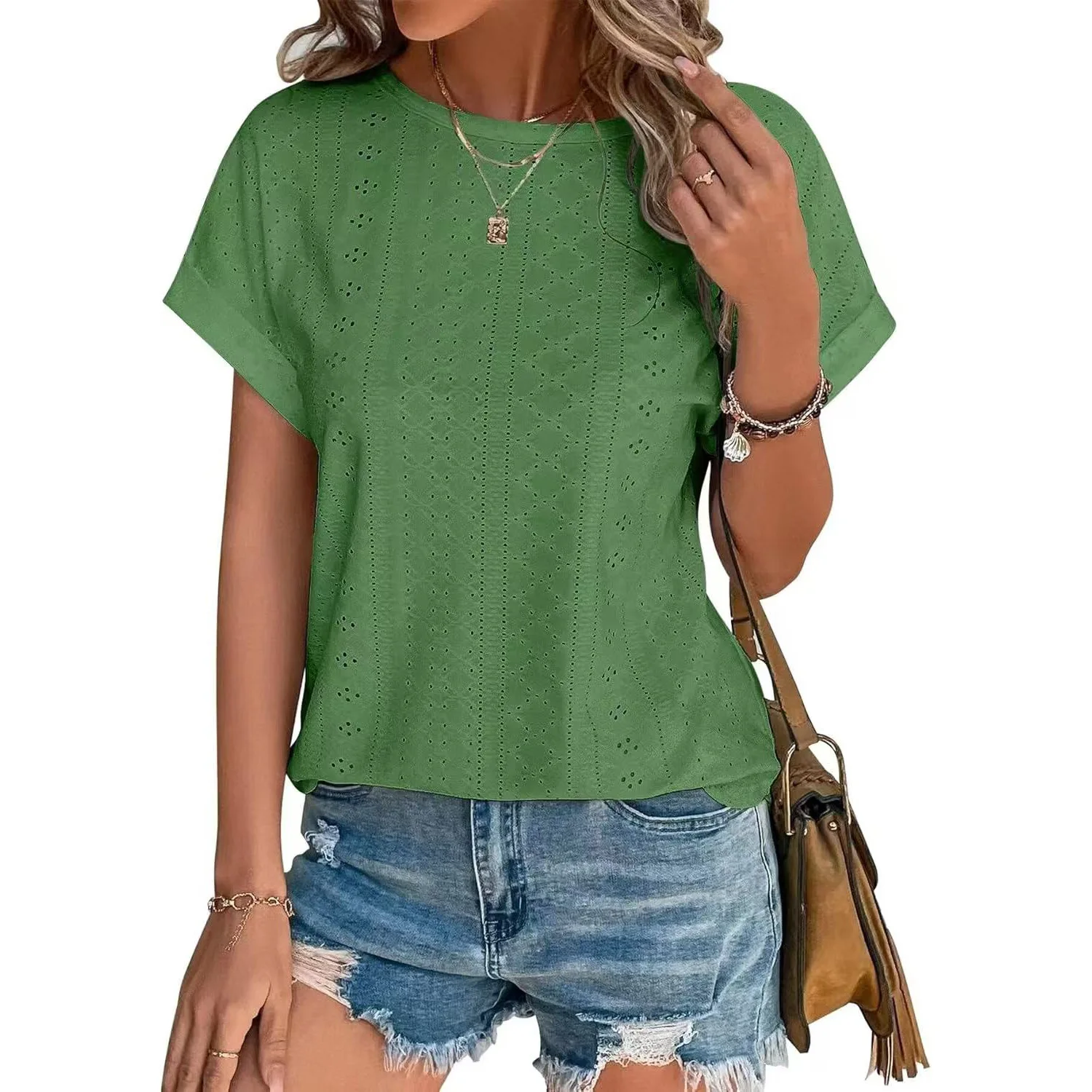 Spring/summer 2025 ladies new solid color hollowed out blouse mesh regular sleeve casual short sleeve t-shirt