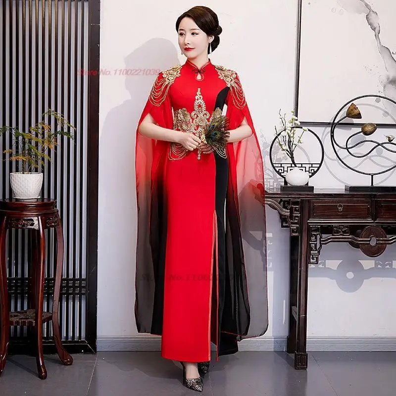 

Китайское платье 2021, улучшенное Cheongsam, восточный градиент цвета, Ципао, банкетное вечернее платье, национальная цветочная вышивка Ципао