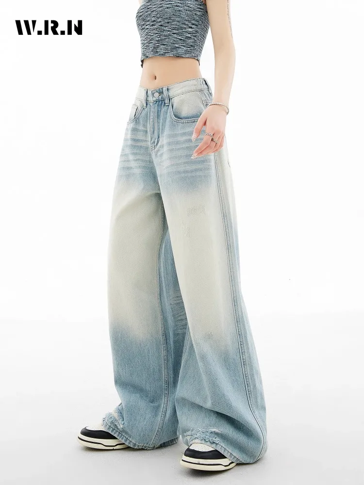 

American Retro Oversized High Waist Jeans Women's Casual Baggy Pocket Y2K Pants Wide Leg Grunge Light Blue Denim Trouser