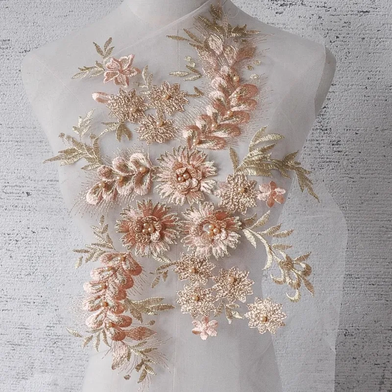 

2pcs DIY handmade cheongsam Headcloth wedding dress iron on patches 3D nail bead flower parches Gold feather embroidery patch