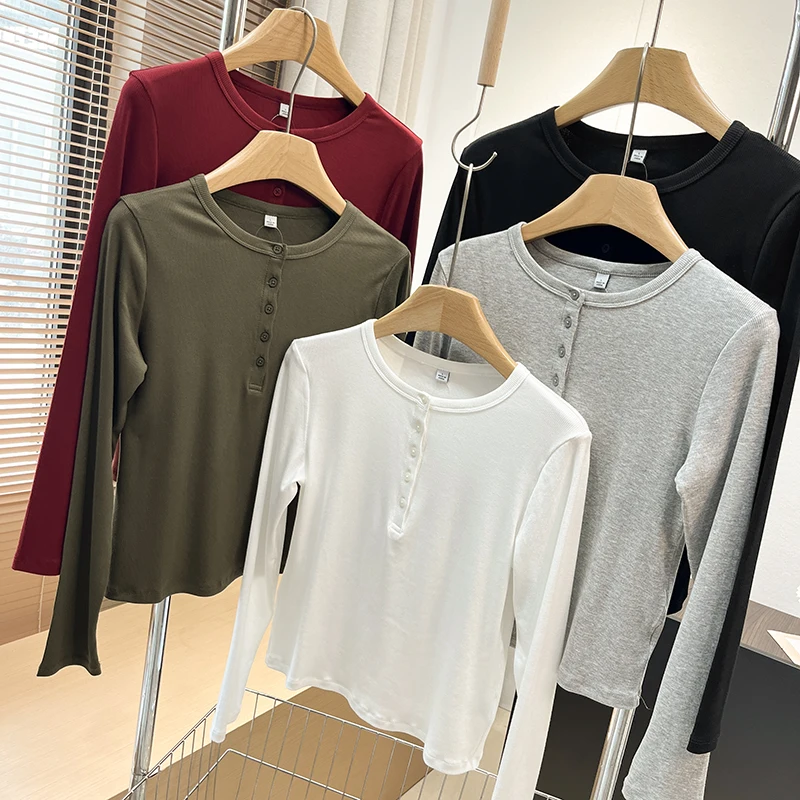 Capa Base versátil irt Henry Collar f frente abierto acanalado elástico ajustado largo Sve camiseta mujer otoño Casual Sle