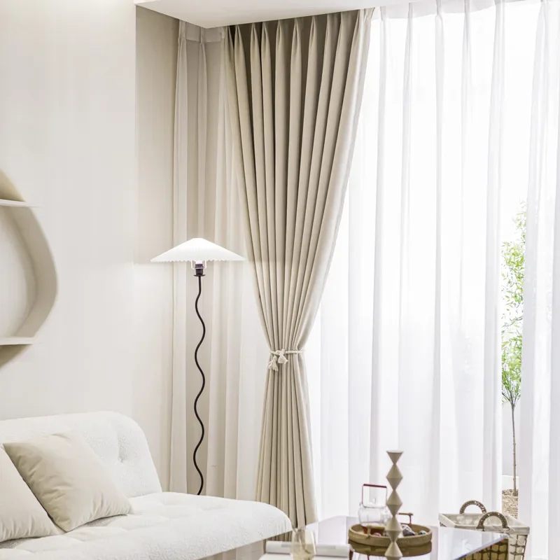

Curtain sunscreen blackout cloth living room bedroom heat insulation solid color curtain cloth milk tea color curtain yy