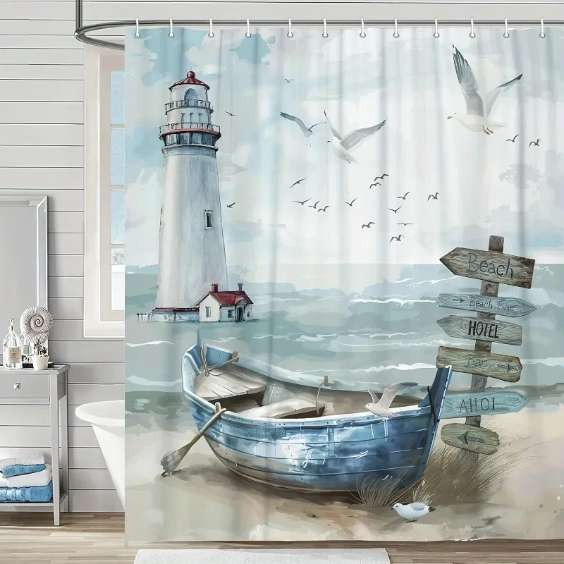 Nautical Lighthouse Beach Scene Bathroom Shower Curtain Coastal Ocean Boat Decor Waterproof Shower Curtain