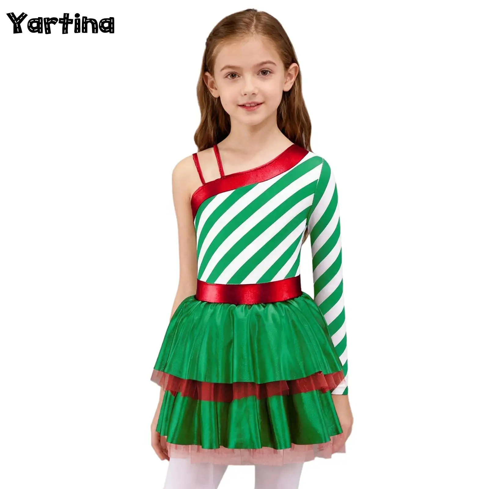 

Girls Christmas Xmas Candy Cane Elf Cosplay Costume Striped Layered Ruffled Gymnastic Figure Skating Leotard Ballet Tutu Dress