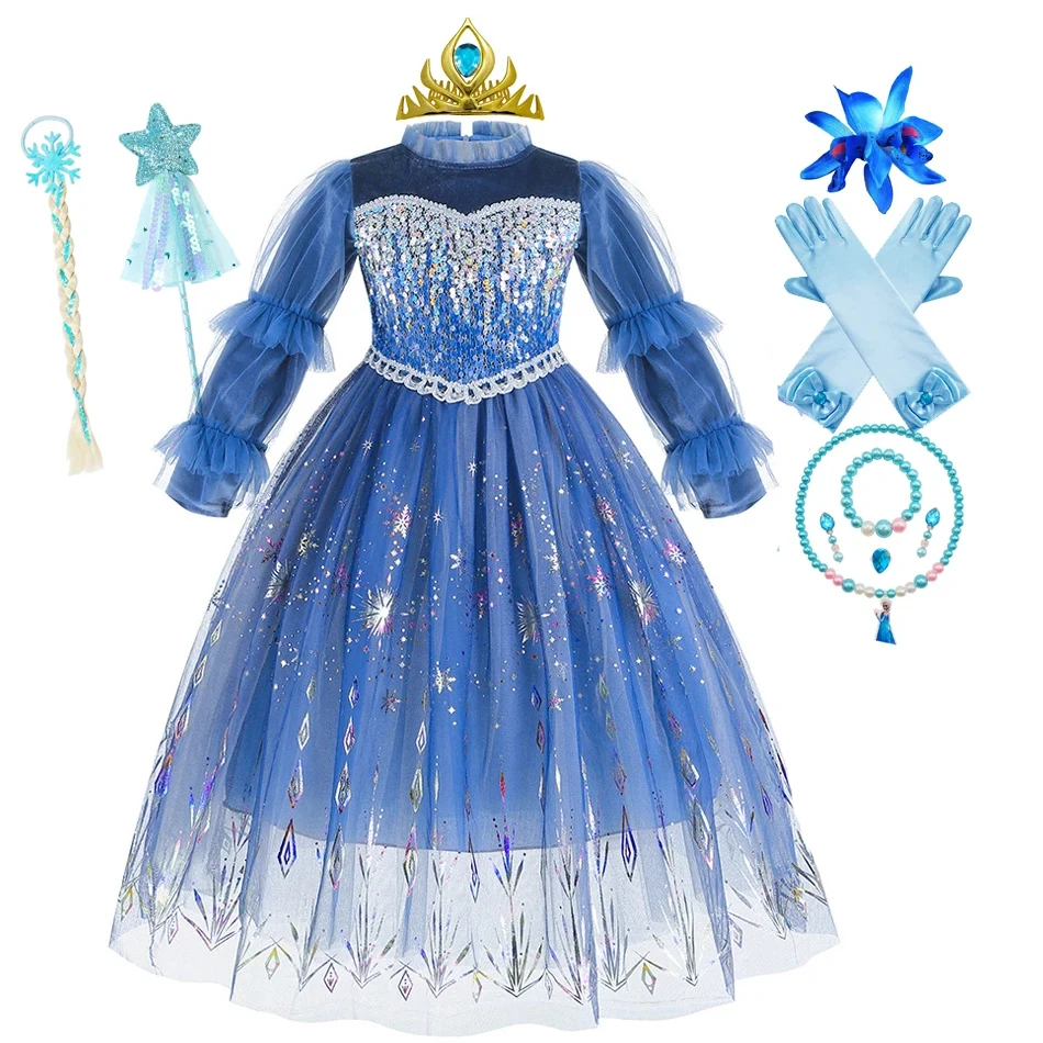 Elsa Princess Girl Dress Costume Snow Queen Cosplay Kid Halloween Puff Sleeves Clothing Winter Girls Christmas Outfit