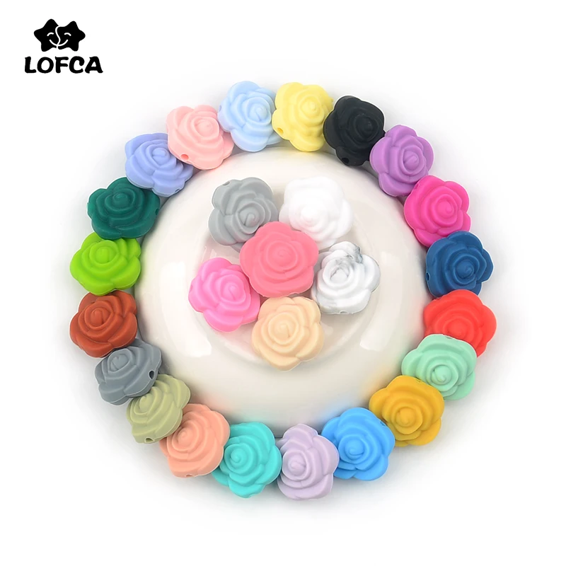 LOFCA 50pcs Double Face Silicone Flower Beads Rose Teething Charm Teether Baby Chewing HOT sale Necklace Soft Chewable Gift Toy