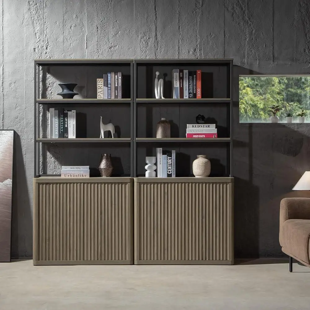 رف كتب مخدد بطول 71 بوصة مع أبواب تخزين، خزانة كتب حديثة من 5 طبقات، أرفف قابلة للتعديل، منظمة منزلية أنيقة #3