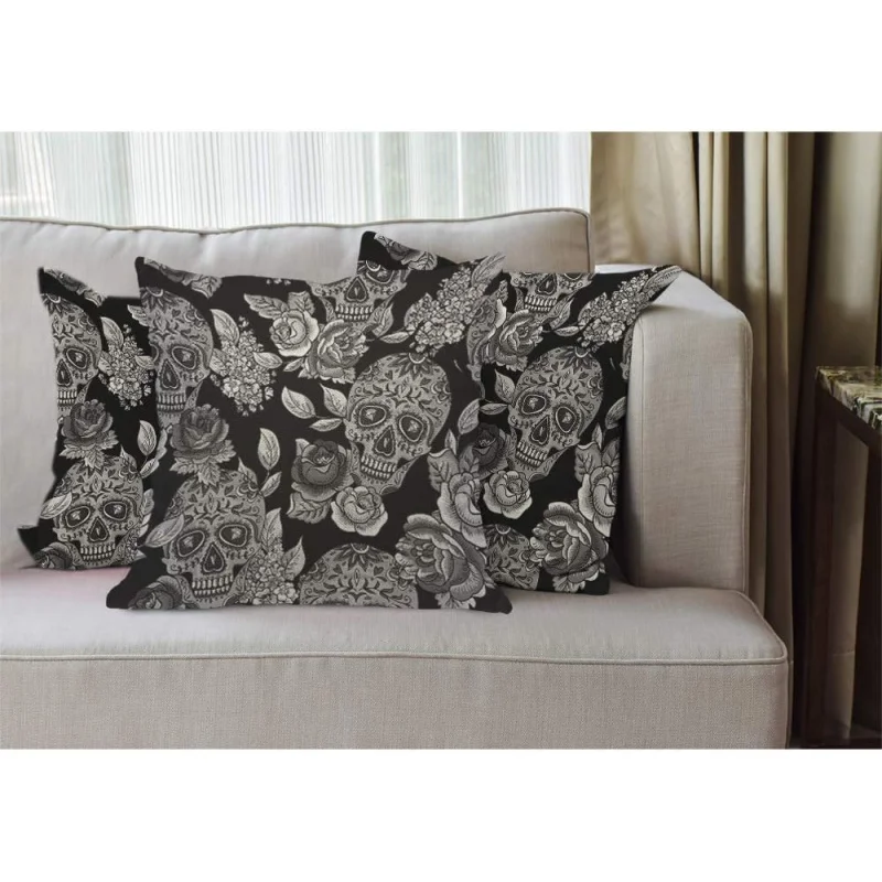 Skull Pillowcase Sketch Flower Pattern Halloween Eye Diamond Comfortable Square Single Cushion Cover 18x18 inches Black