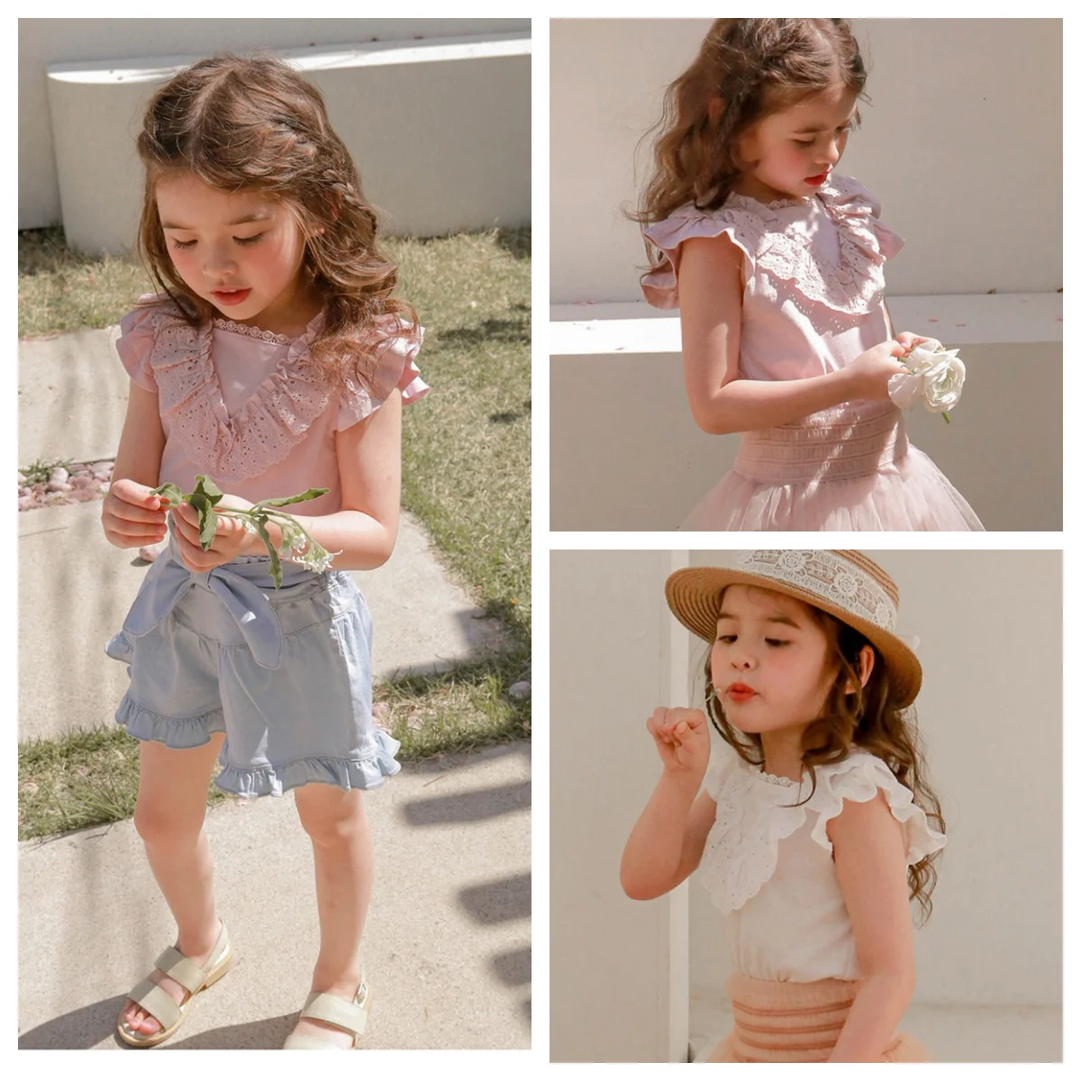 

Girls Solid Color T-Shirt 2025 Summer Korean Children's Clothes Wear Baby Girls Sweet Fy-Edged V-Neck Tops spot