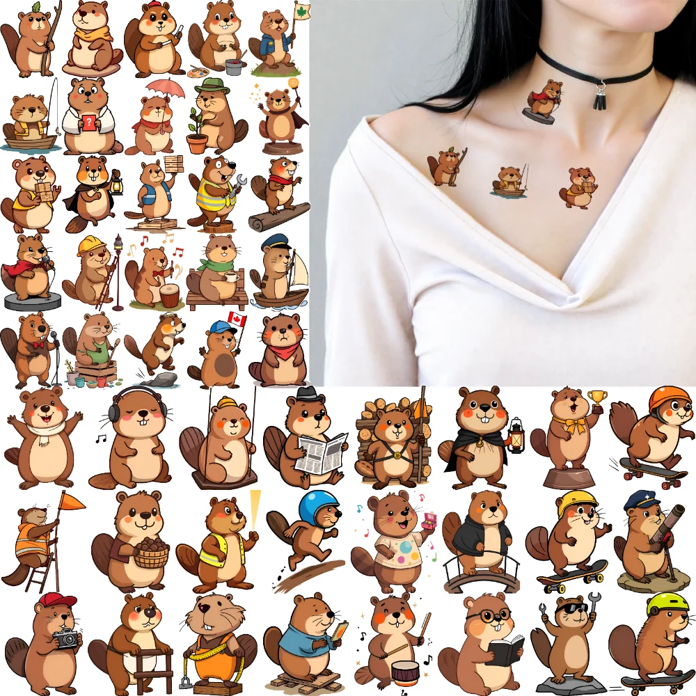 

54pcs Temporary Tattoo Cartoon Beavers Temporary Tattoo Stickers Beaver Illustrations Waterproof Long-lasting Body Stickers