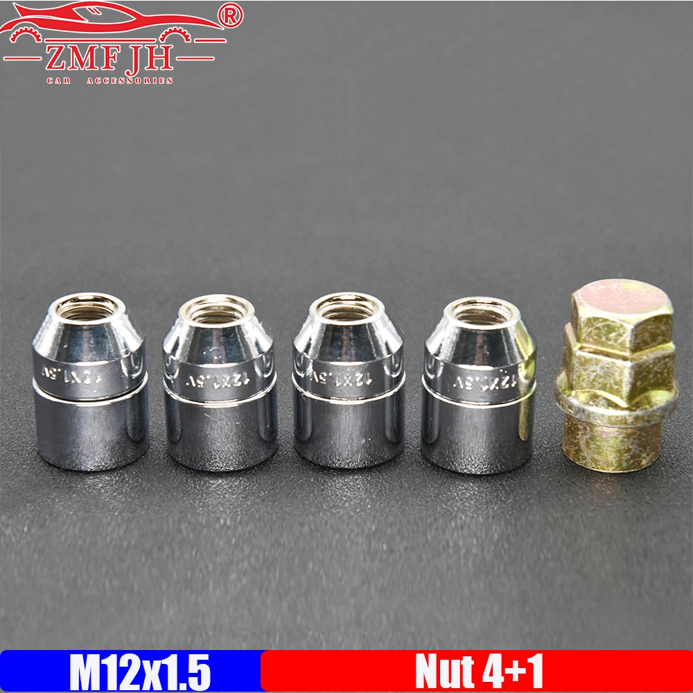 

ZMFJH 4-колесные гайки с замком, 1 ключ M12x1,5, противоугонные гайки для колес для Toyota, Honda, для Acura, США, хромированные стопорные гайки 4 + 1