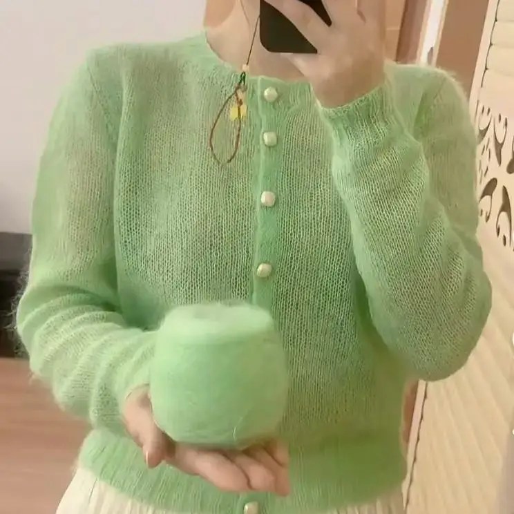 

Green series new hand woven comfortable mohair long sleeved buttoned cardigan sweater, round neck handmade sweater, with a ladyl