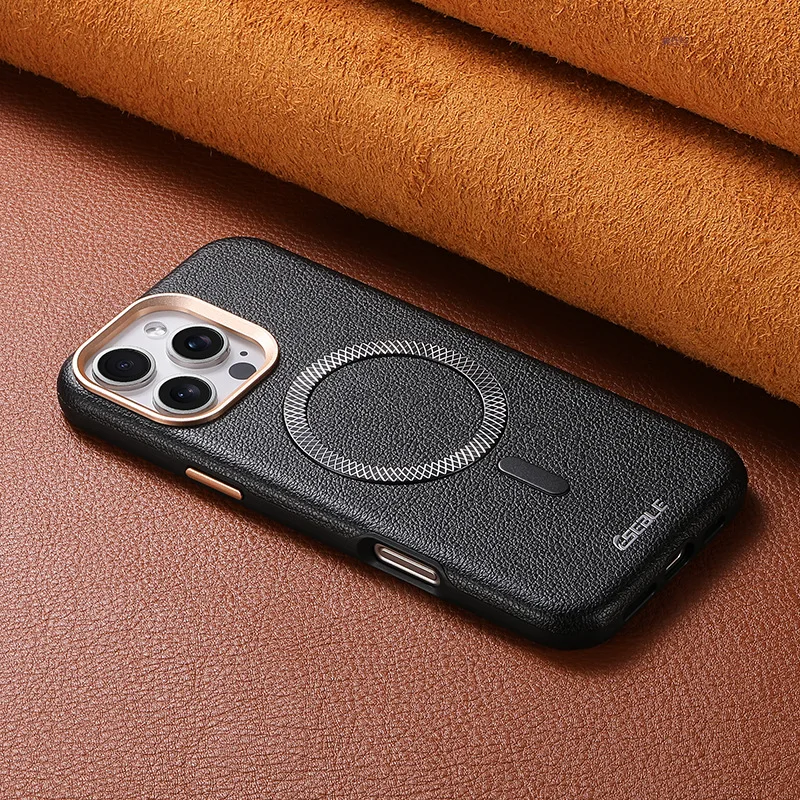 

Magnetic Charging Lychee Pattern Leather Case For iPhone 16 Pro Max 17 15 Pro 14 13 Electroplated Bumper/Lens Mobile Phone Cover