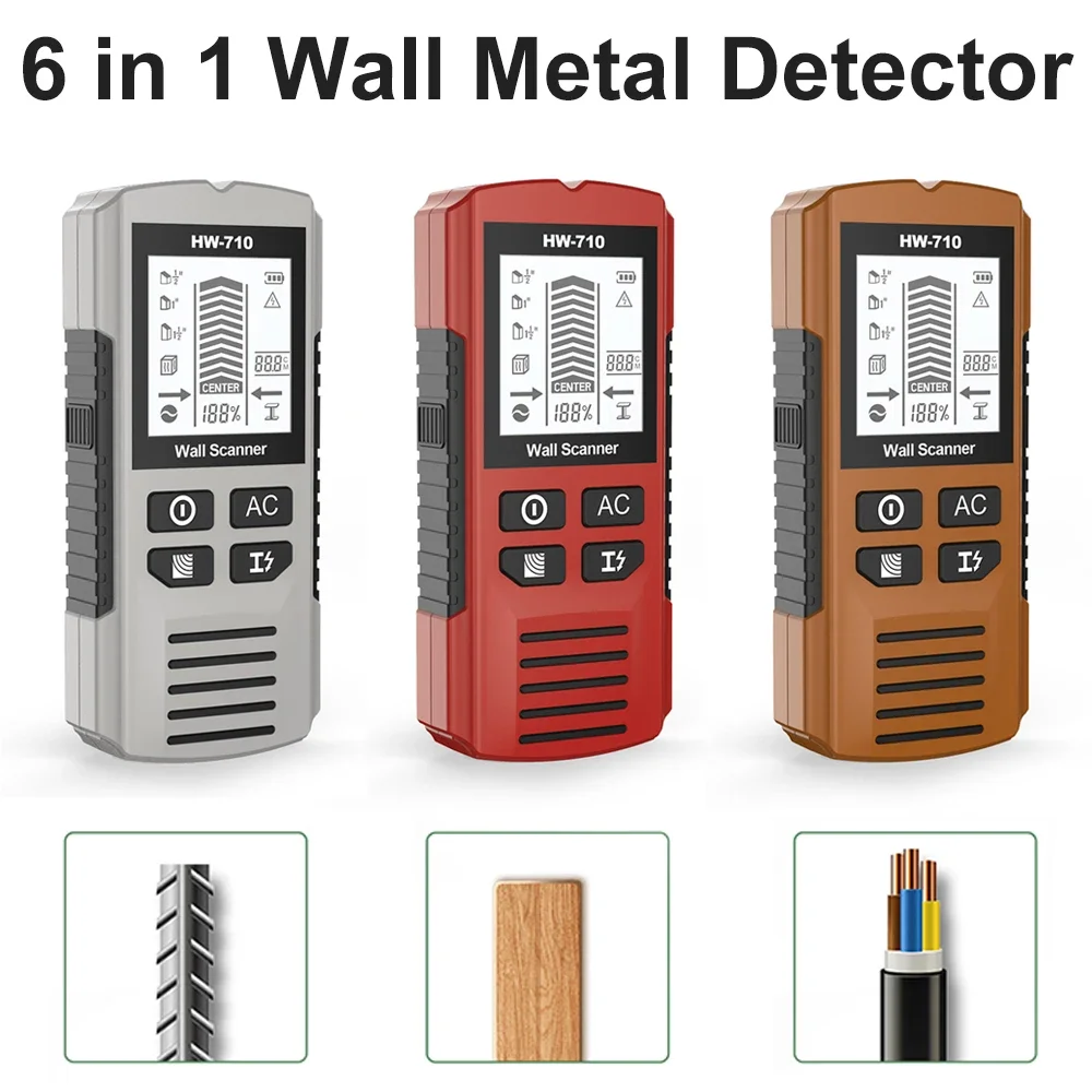 

80mm Metal/Wood/AC Wall Detector 6-in-1 HD Display Auto Shutdown for Home Renovation Cabinet TV Garage Install DIY Building Tool