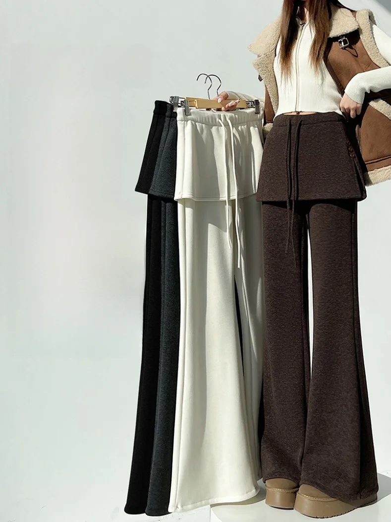 Khaki Fce Lined Wide Leg Pants Women Winter Thiened Camere Sports Pants High Waist Elastic Waisand Casual Trousers