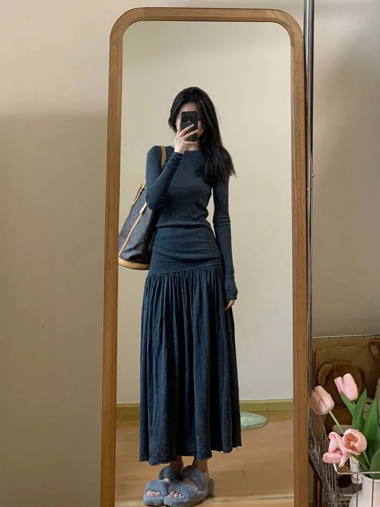 

Gray Long Sleeve Knitted Dress Women's Slimming Design Sense Top Half-length Skirt Two-piece Set Spring Season Korean Style P...