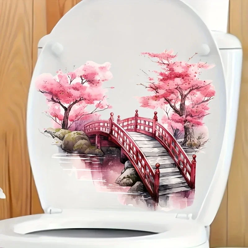 MT1299 # ملصق مرحاض Cherry Blossom and Bridge - ديكور حمام ذاتي اللصق مع تصميم مناظر طبيعية صامتة، شجرة وردية متفتحة #1