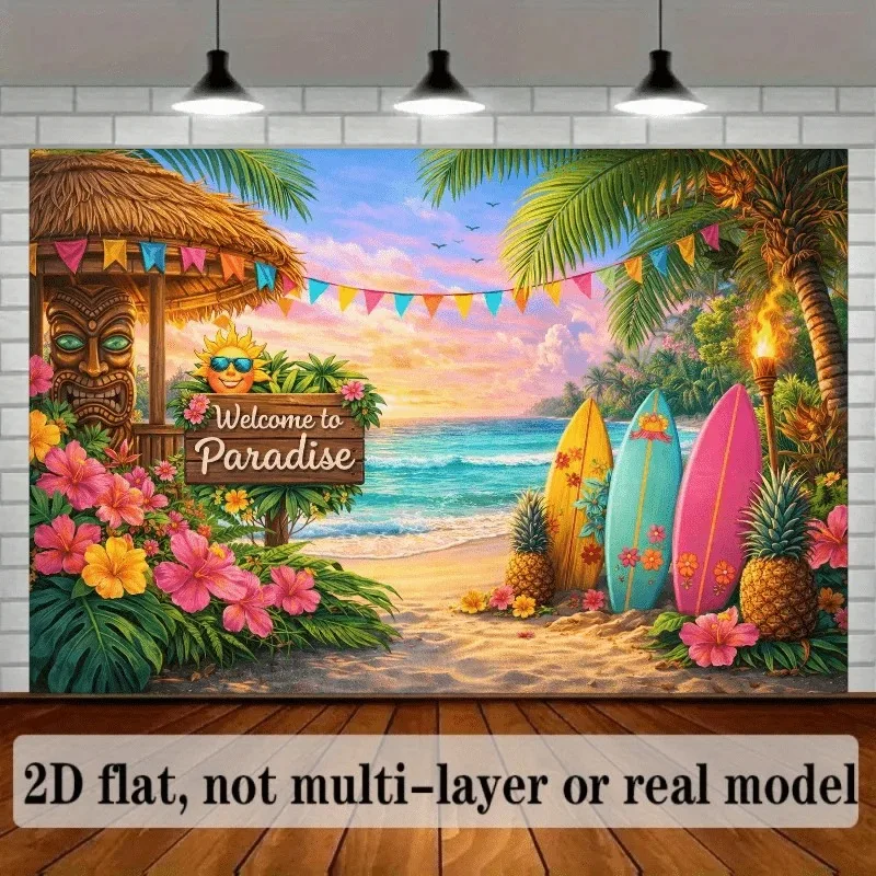 Hawaiianische Luau-Party-Kulisse, Tropischer Strandparadies-Hintergrund mit Tiki-Hütte, Surfbrettern & Ananas für Sommerpartys – Detail 3