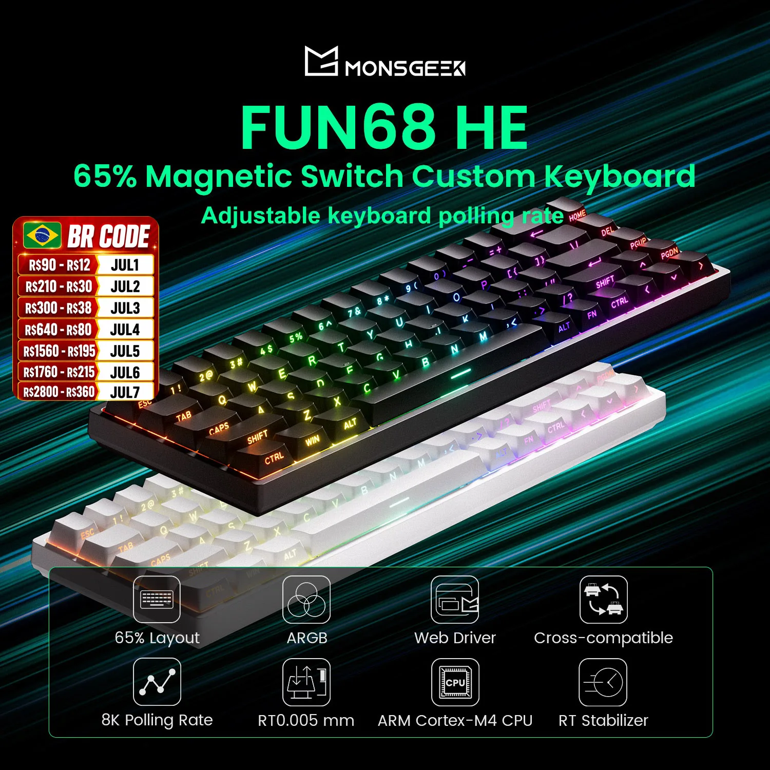 Akko MonsGeek FUN68 HE Magnetic Keyboard 65% Rapid Trigger 0.005mm 8K ARGB Mechanical Gaming Custom Keyboard for Pc Gamer Esport