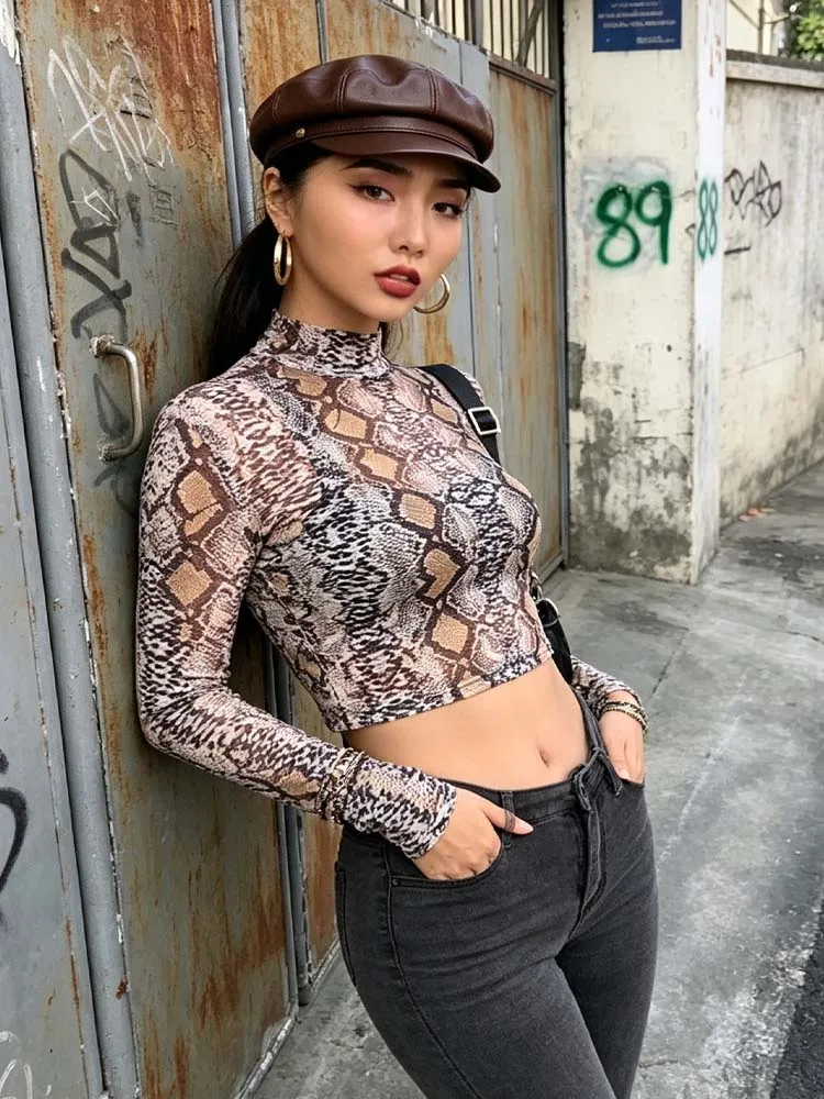 Y2K Snake Pattern T-shirt Women's Mesh Top Long Sleeve Transparent Snake Skin Women's T-shirt High Collar Open Umbilical Top