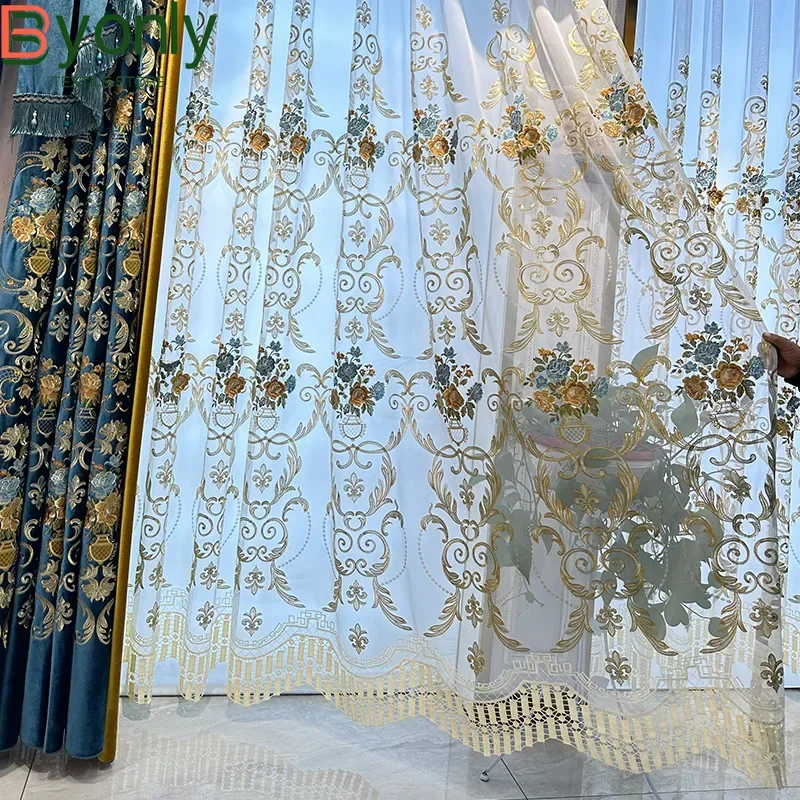 American Retro Blue High-end Embroidered Velvet Curtains for Living Room Bedroom Balcony and Villa Customization Valance